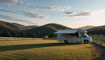Witte camper op een campingplaats in het avondlicht